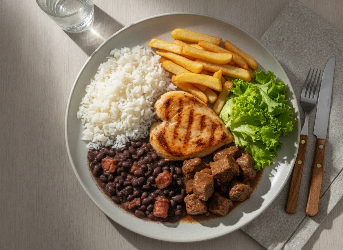 Prato feito brasileiro com carnes, arroz, feijão, batata e salada photo