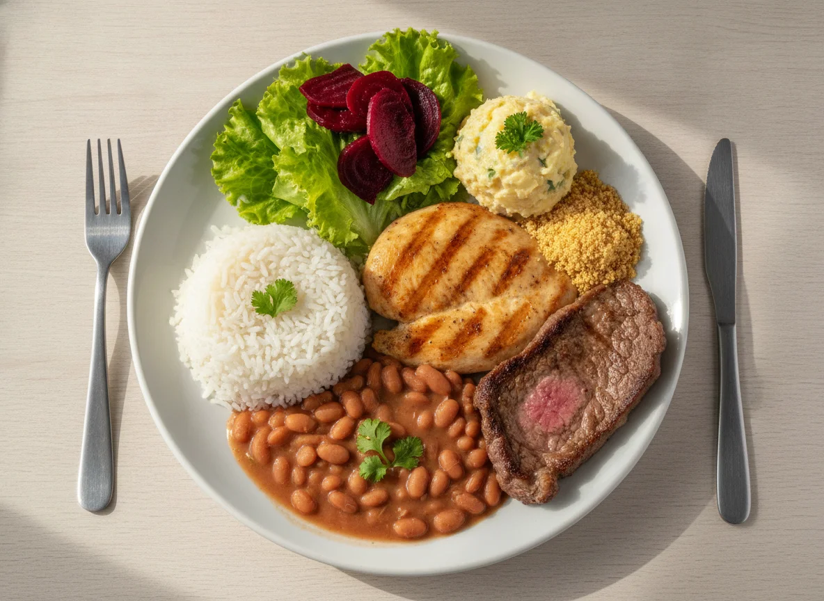 Prato feito brasileiro com carnes, arroz, feijão e salada photo