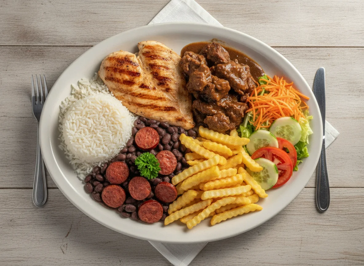 Prato Feito Brasileiro com Carnes, Feijoada e Salada photo