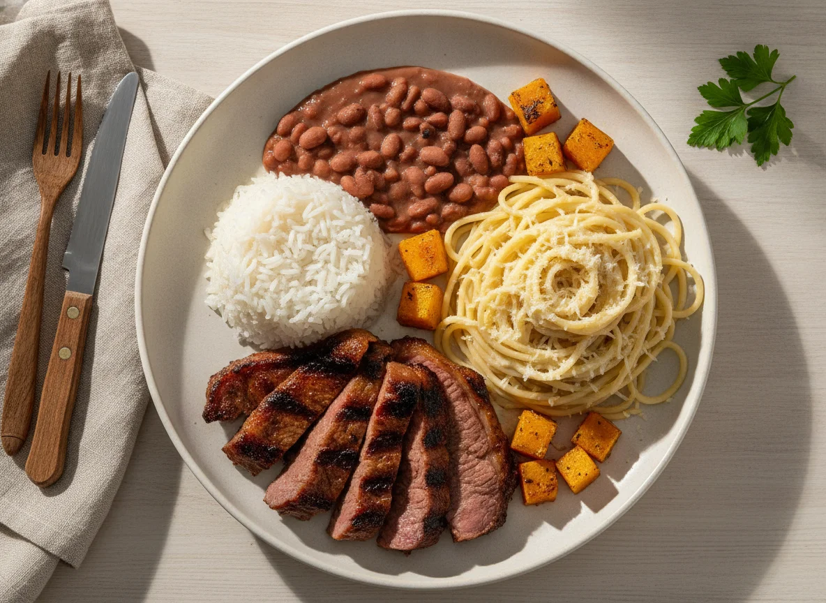 Prato Feito Brasileiro com Churrasco e Macarrão photo