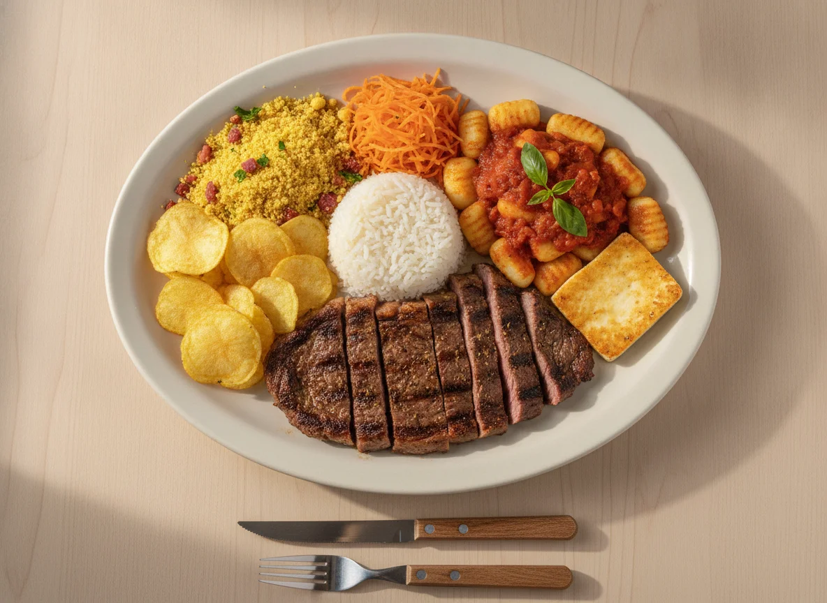 Prato Feito Brasileiro com Churrasco, Nhoque e Acompanhamentos photo