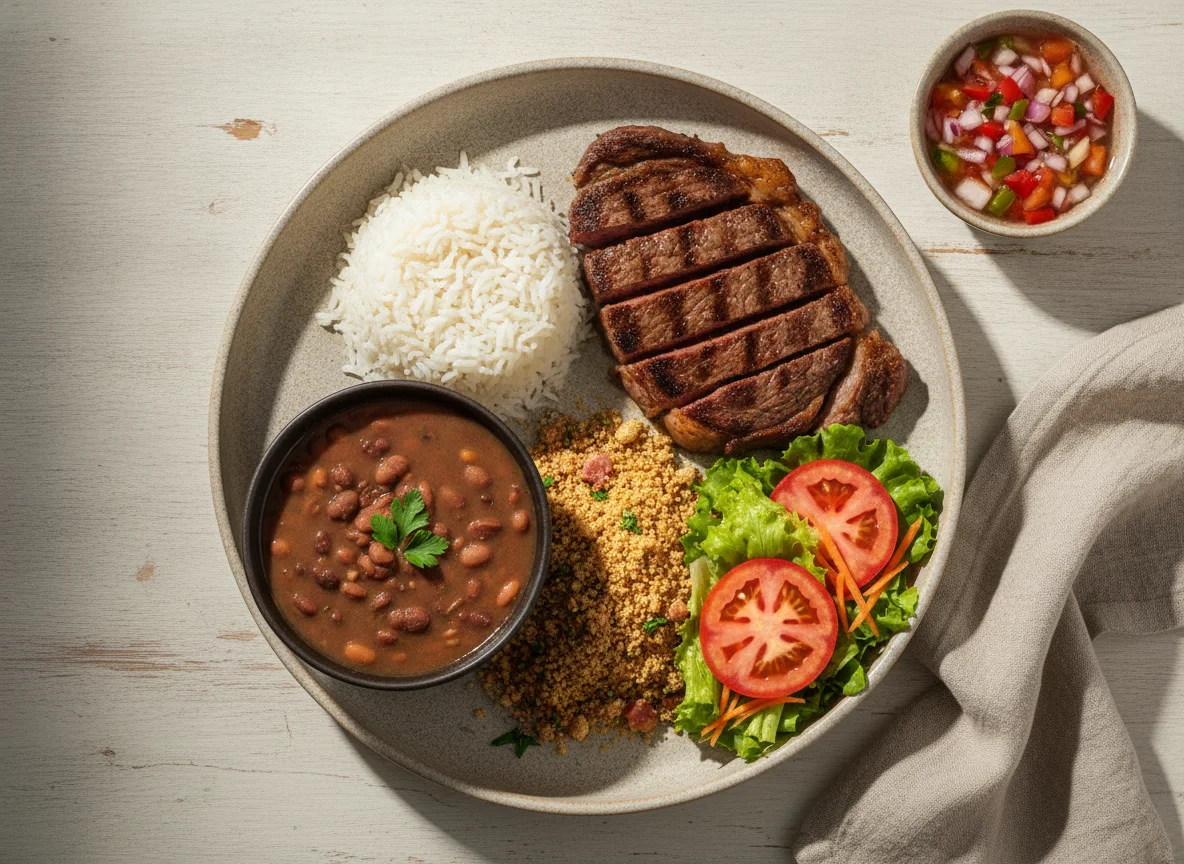 Prato Feito Brasileiro com Contrafilé, Arroz, Feijão e Farofa photo
