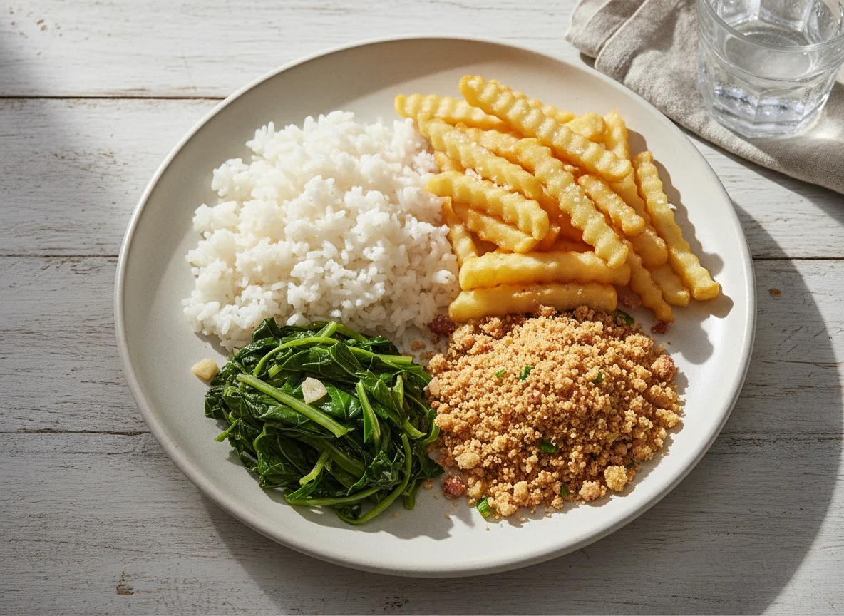 Prato feito brasileiro com couve, arroz, farofa e batata frita photo