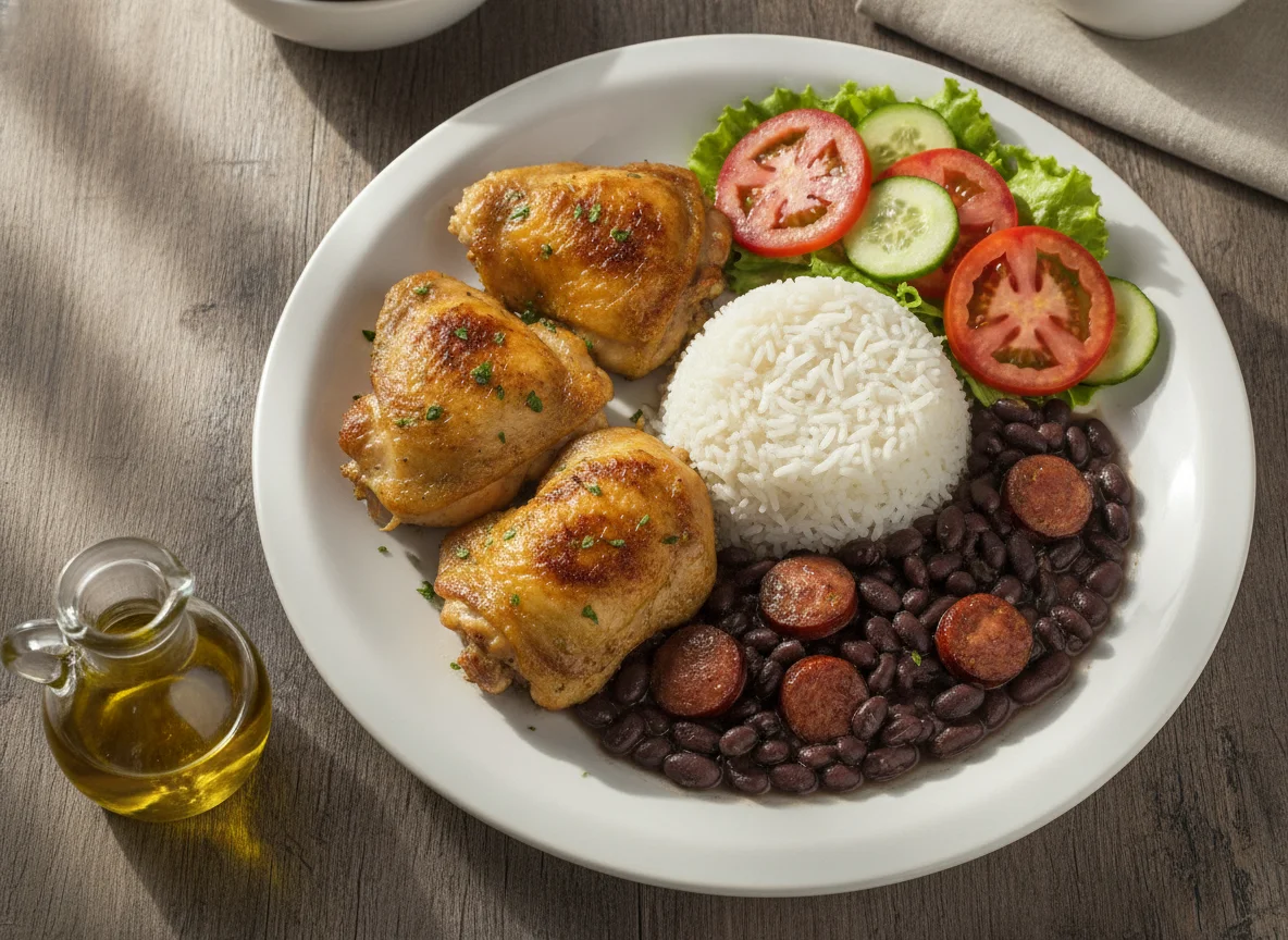 Prato Feito Brasileiro com Coxas de Frango, Arroz, Feijão Preto e Salada photo