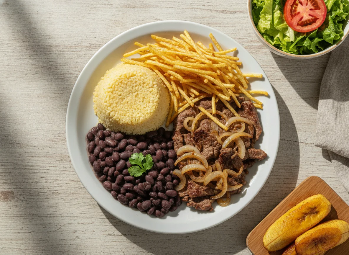 Prato Feito Brasileiro com Cuscuz, Carne Acebolada e Batata Palha photo