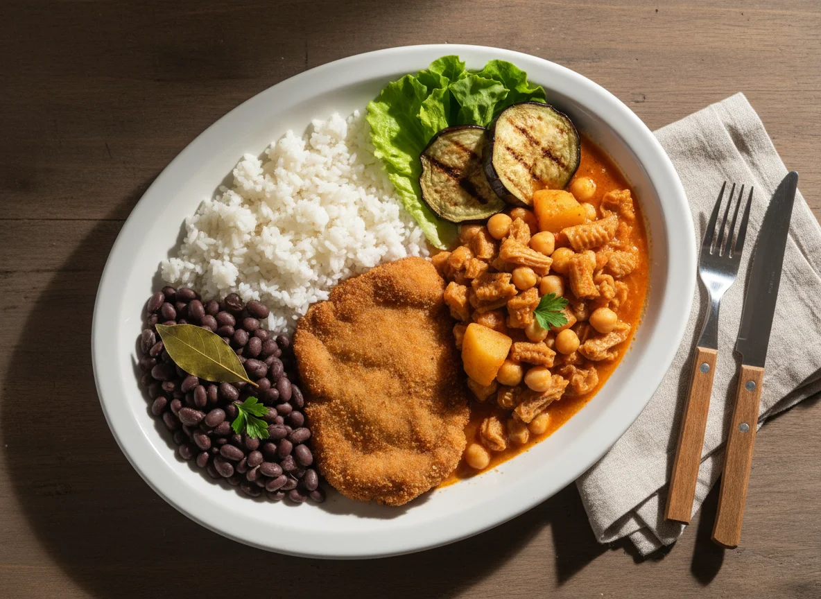 Prato feito brasileiro com dobradinha e bife à milanesa photo