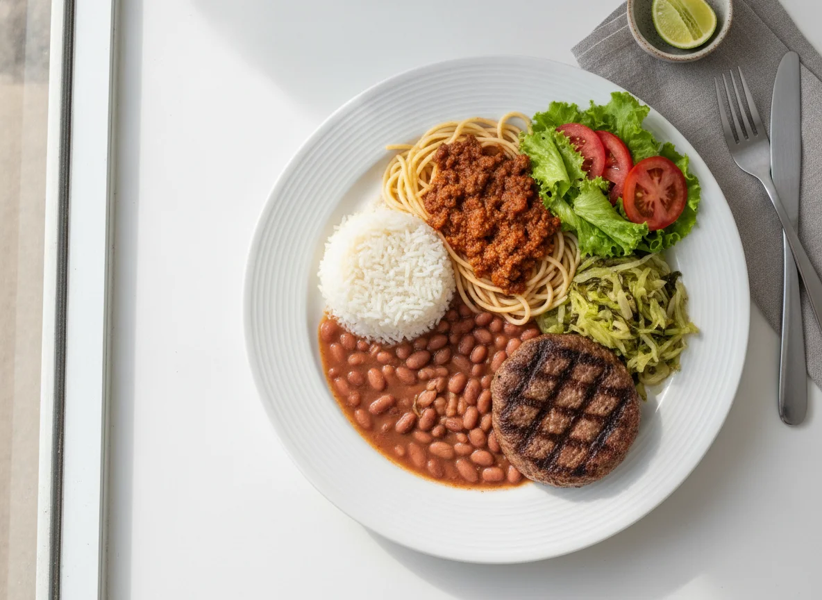 Prato Feito Brasileiro com Espaguete e Hambúrguer photo