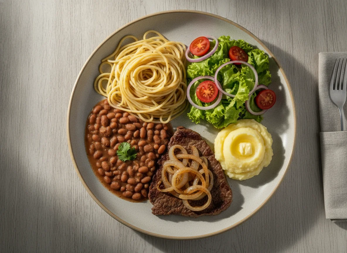 Prato Feito Brasileiro com Espaguete, Feijão, Bife Acebolado e Salada photo