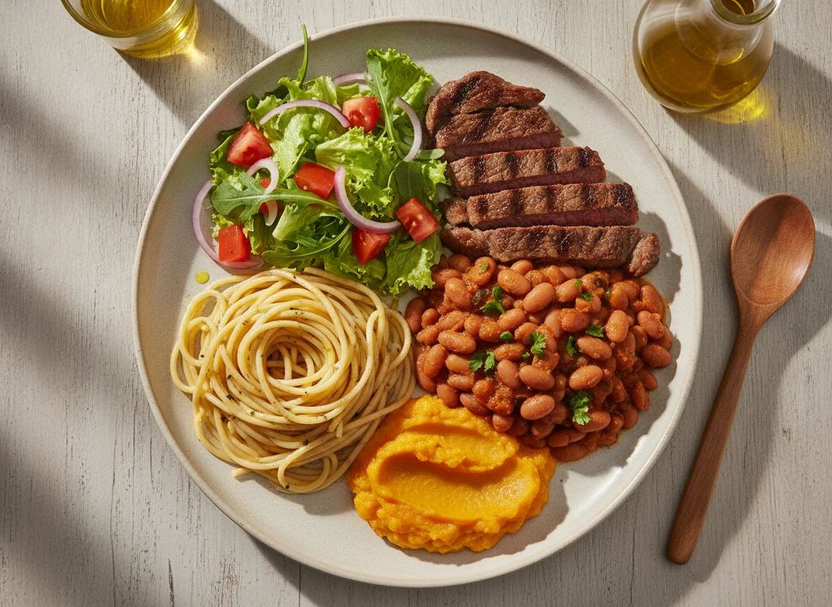 Prato feito brasileiro com espaguete, feijão, purê de abóbora e salada photo