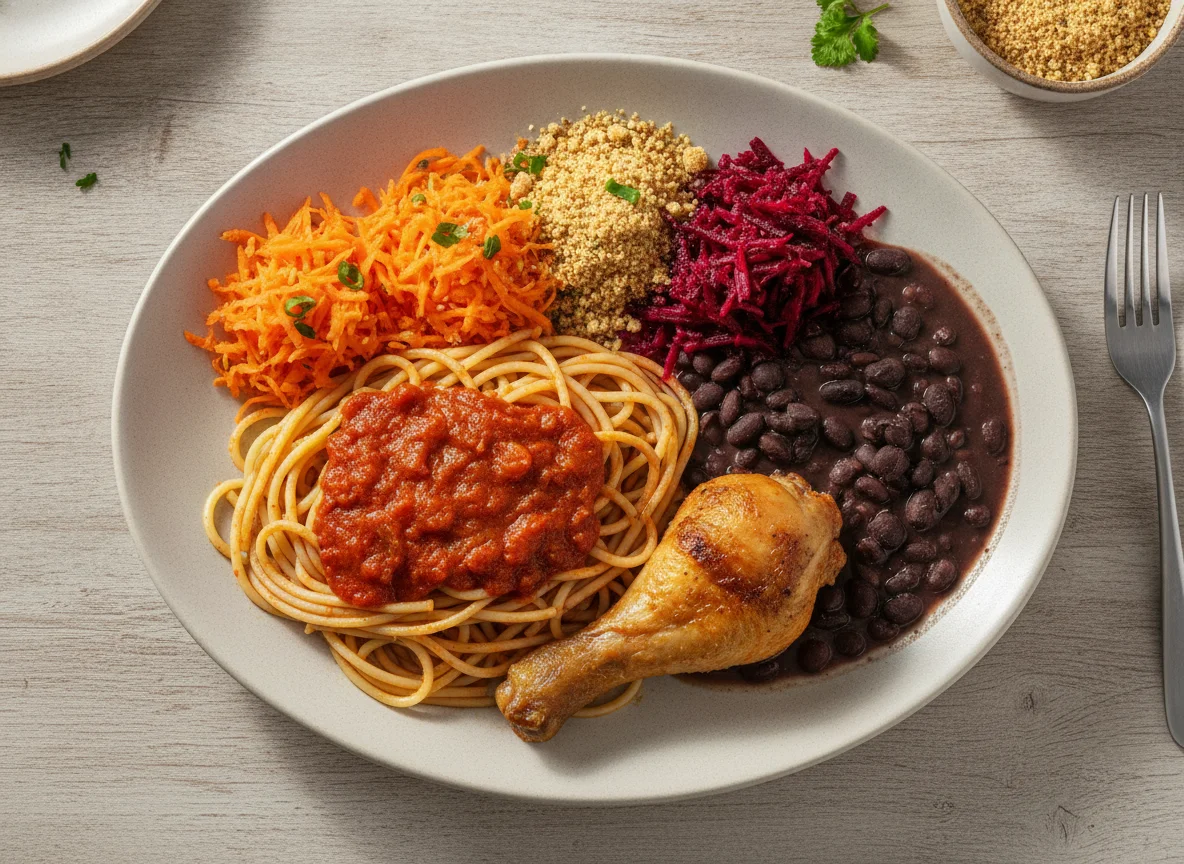 Prato feito brasileiro com espaguete, frango e salada photo
