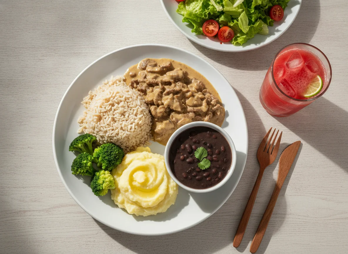 Prato feito brasileiro com estrogonofe, arroz, purê e acompanhamentos photo