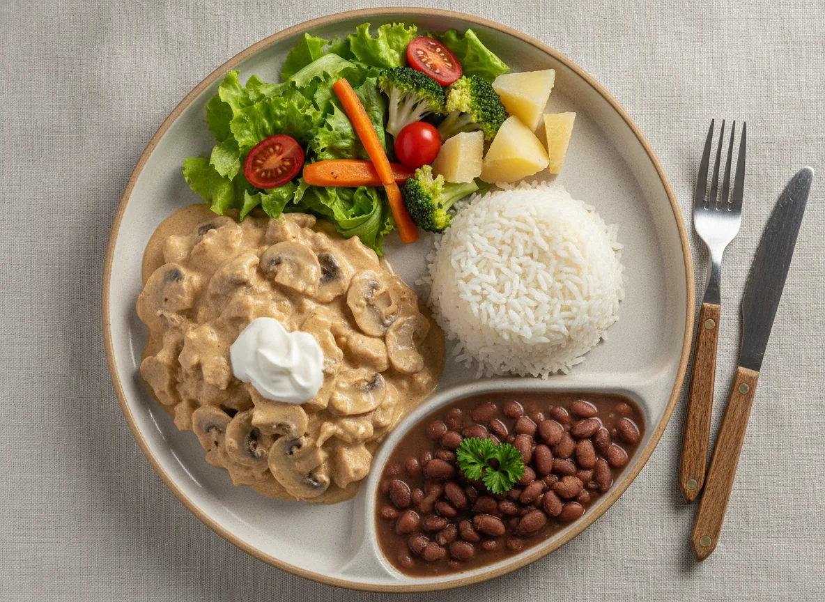 Prato feito brasileiro com estrogonofe de frango, arroz, feijão e salada photo