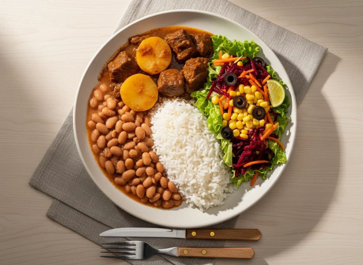 Prato feito brasileiro com feijão, arroz, carne e salada photo