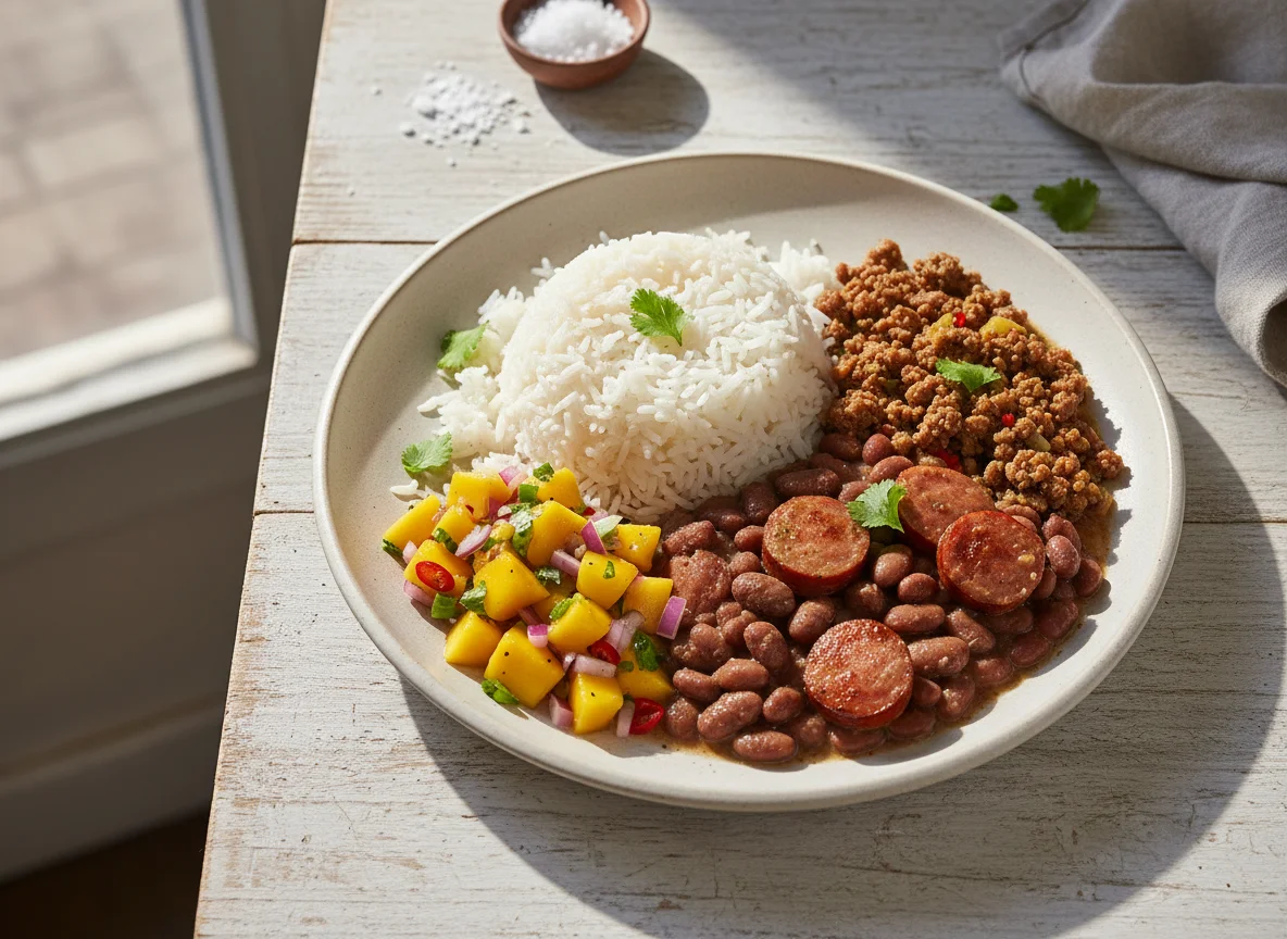 Prato feito brasileiro com feijão, arroz, carne moída e vinagrete de manga photo