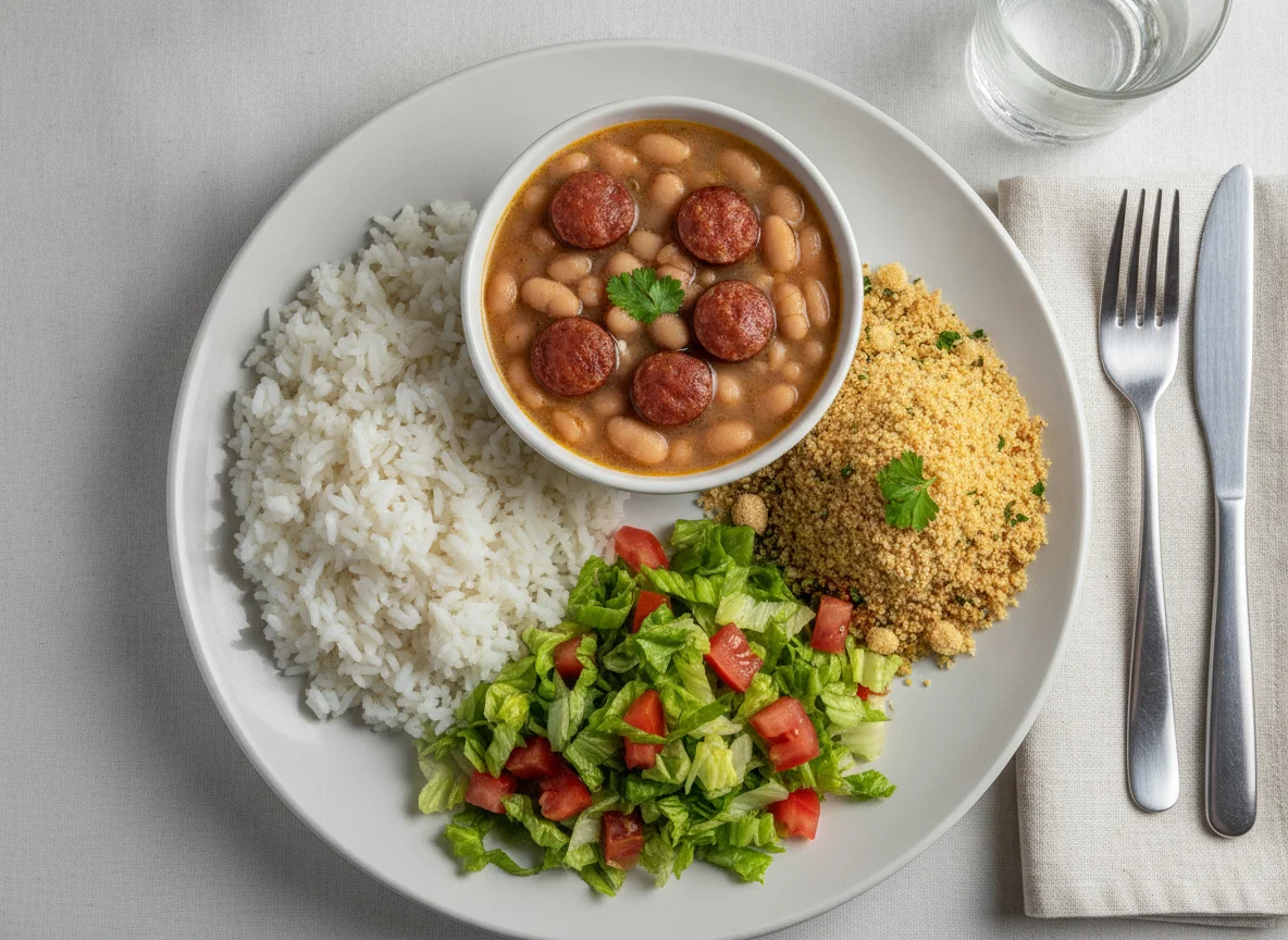 Prato Feito Brasileiro com Feijão Branco, Arroz, Farofa e Salada photo