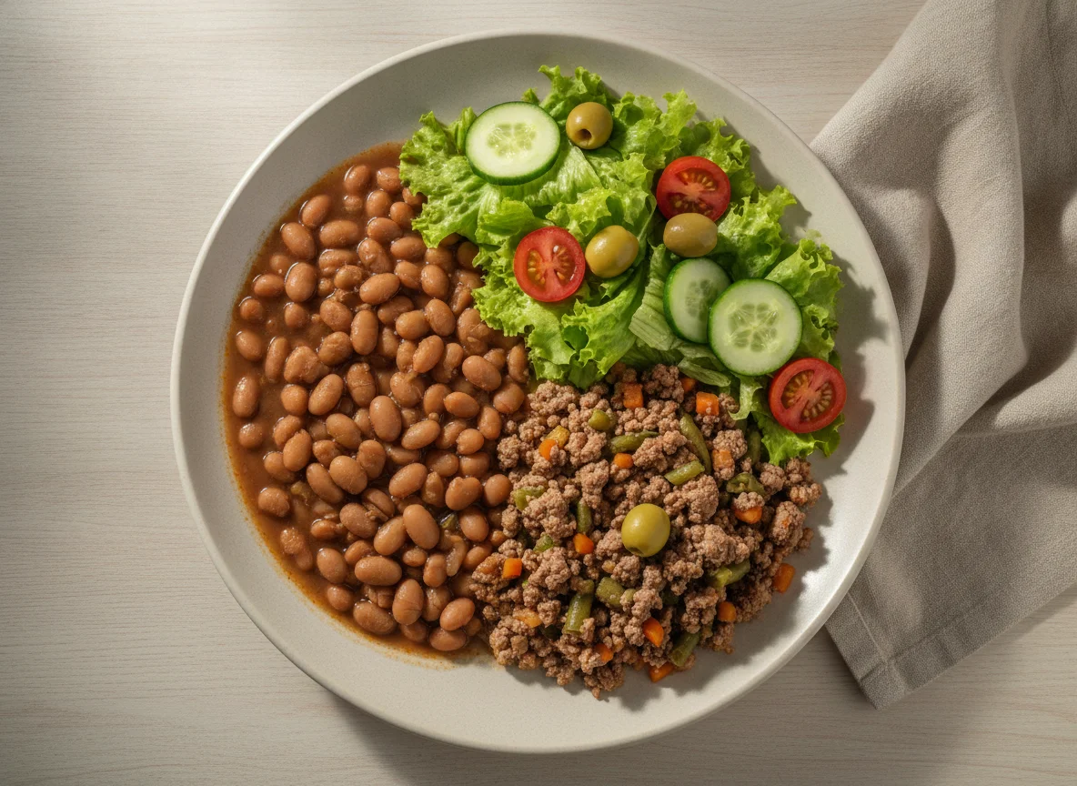Prato feito brasileiro com feijão carioca, carne moída e salada photo