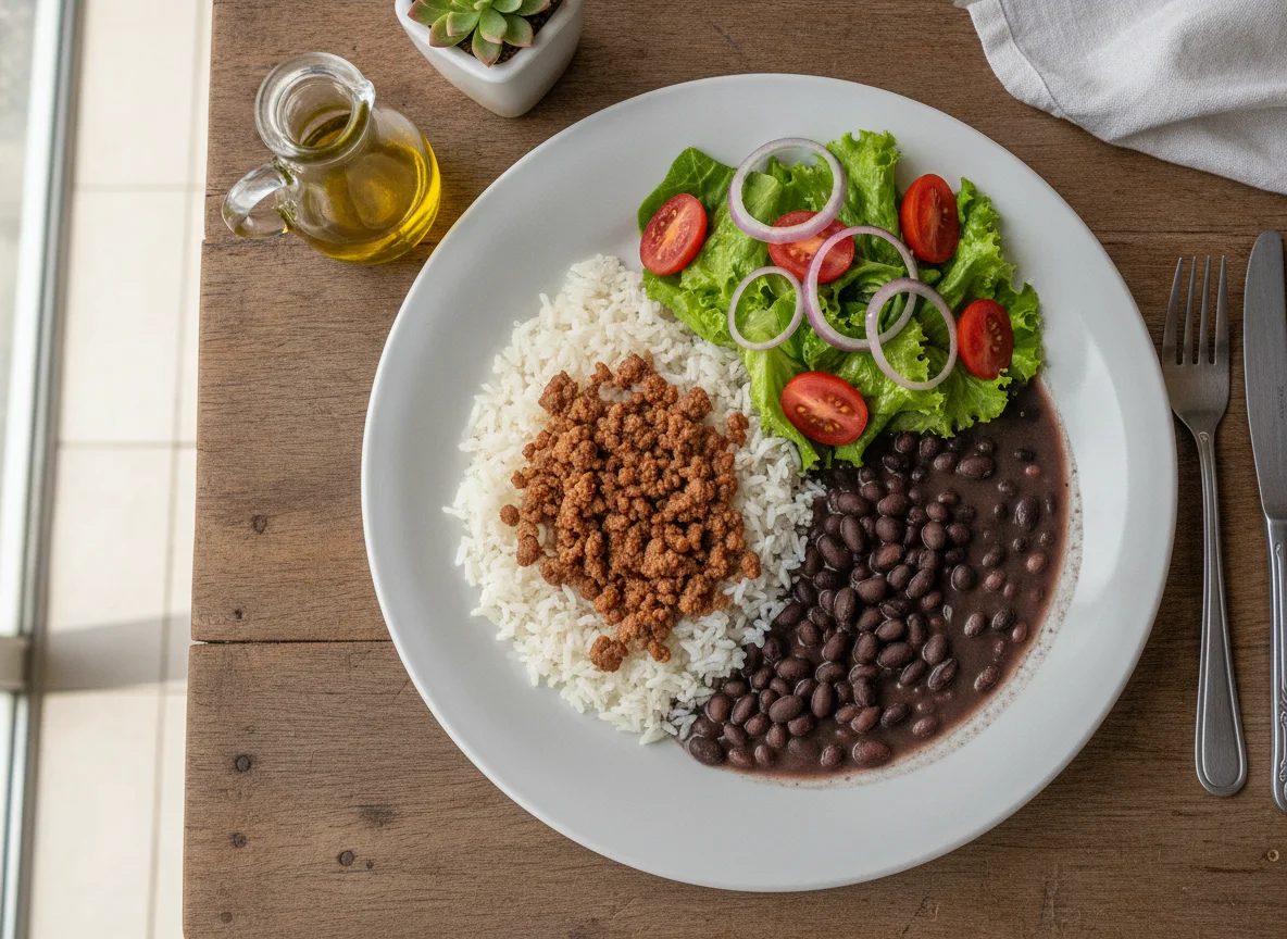 Prato feito brasileiro com feijão preto, arroz com carne moída e salada photo