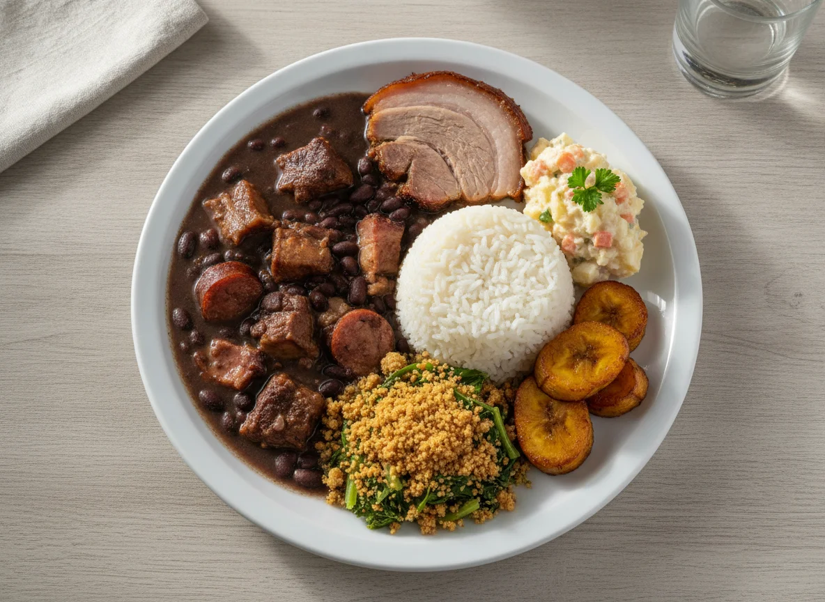 Prato Feito Brasileiro com Feijoada, Arroz, Farofa e Banana Frita photo