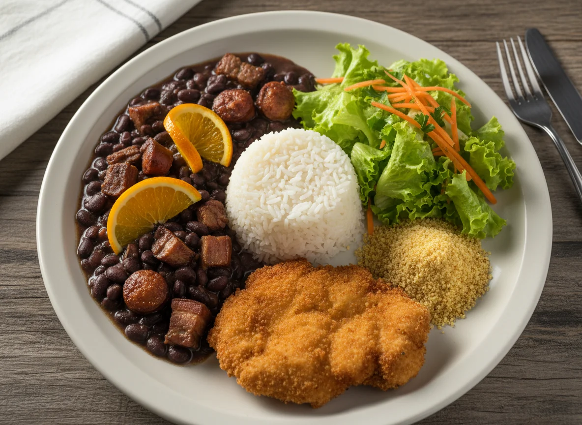 Prato feito brasileiro com feijoada, arroz, frango à milanesa e salada photo