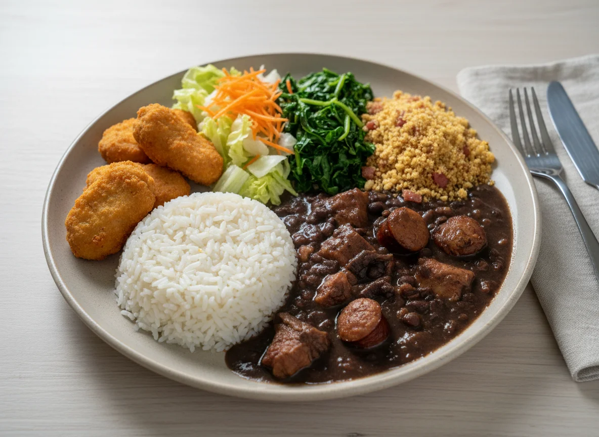 Prato feito brasileiro com feijoada e nuggets photo