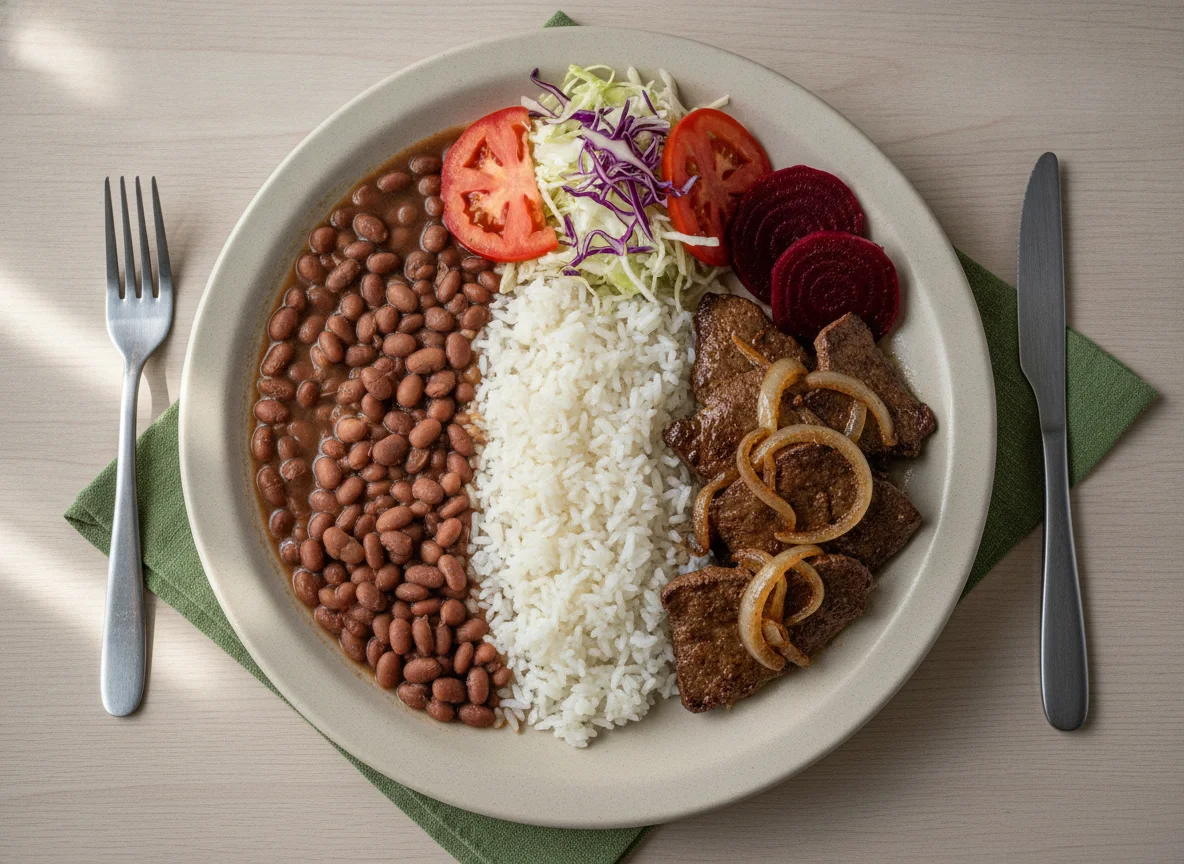 Prato feito brasileiro com fígado acebolado, arroz, feijão, beterraba e salada photo