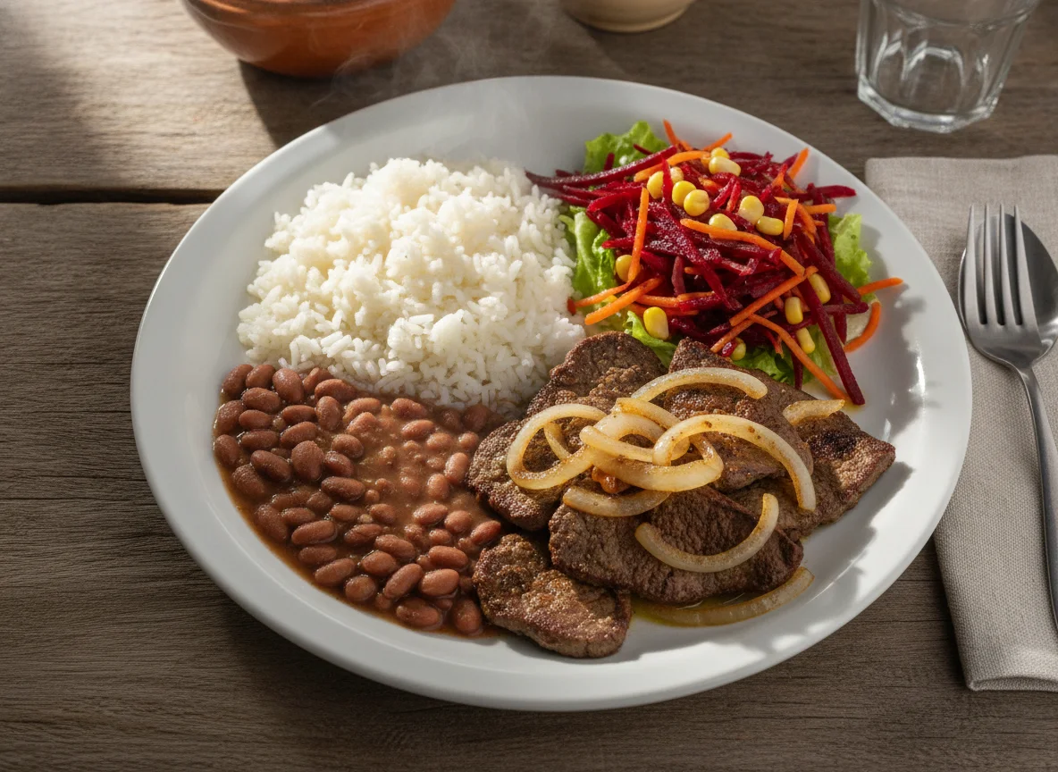 Prato feito brasileiro com fígado acebolado, arroz, feijão e salada de beterraba photo
