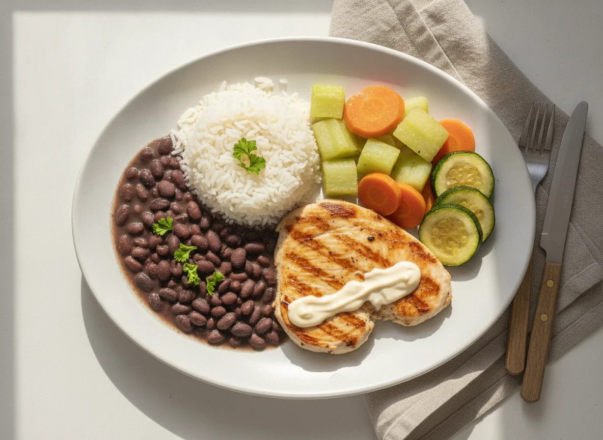 Prato feito brasileiro com filé de frango, arroz, feijão e legumes photo