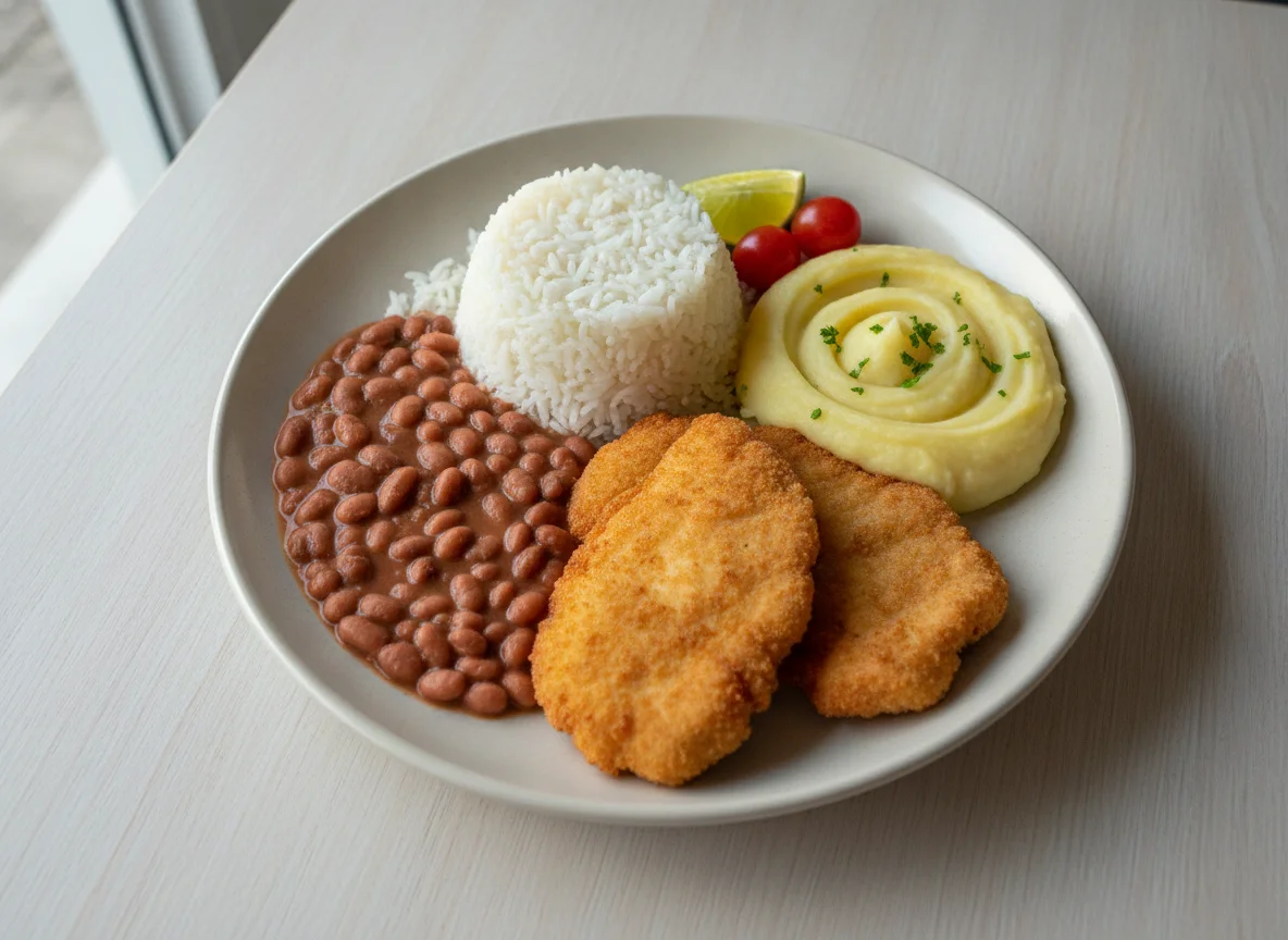Prato feito brasileiro com frango à milanesa, arroz, feijão e purê de batata photo