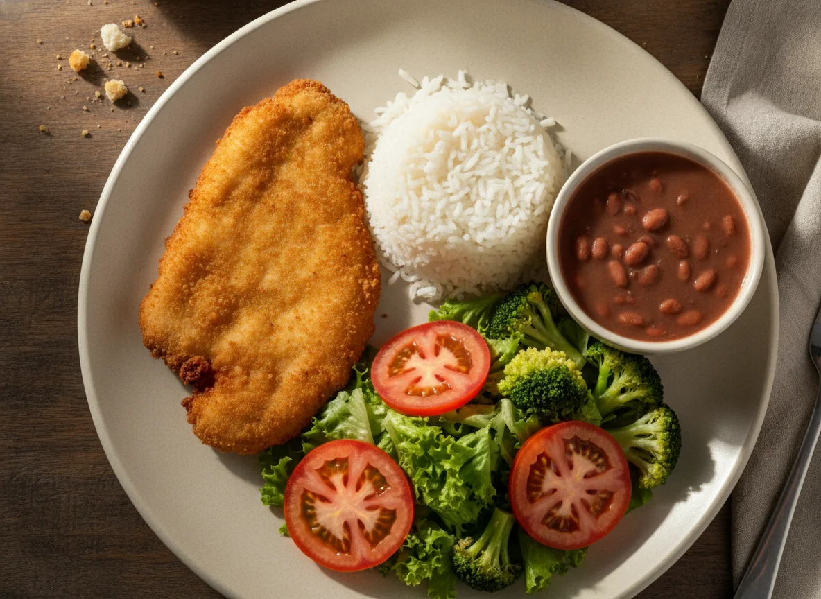 Prato feito brasileiro com frango à milanesa, arroz, feijão e salada photo