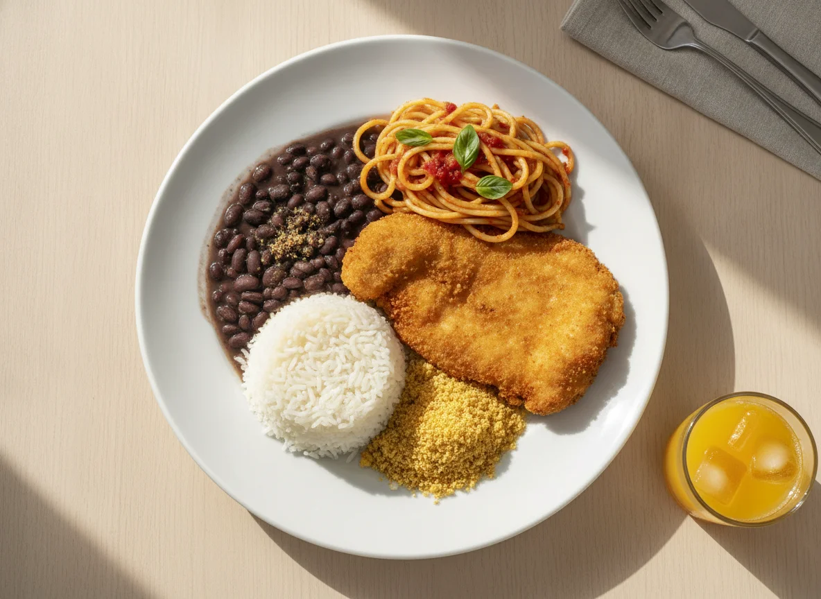 Prato Feito Brasileiro com Frango à Milanesa, Macarrão, Arroz, Feijão e Farofa photo