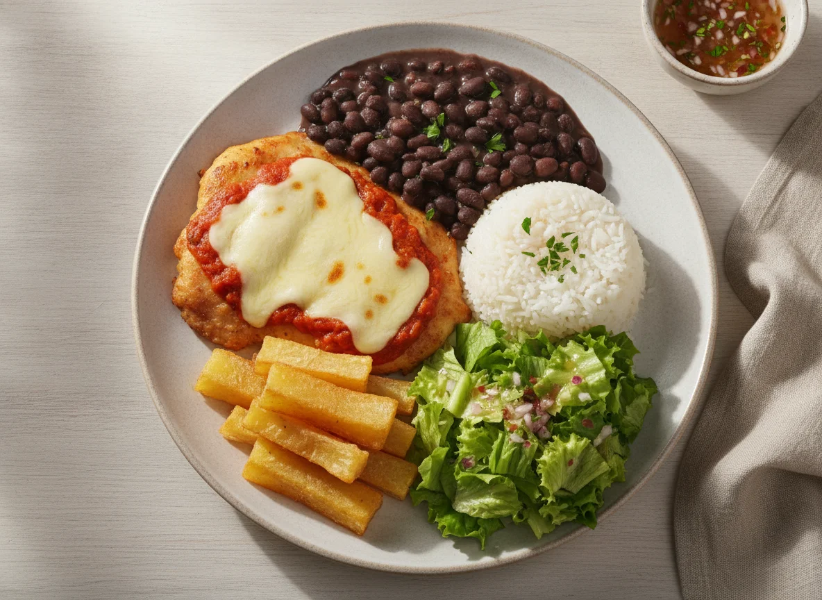 Prato Feito Brasileiro com Frango à Parmegiana, Arroz, Feijão, Mandioca e Salada photo
