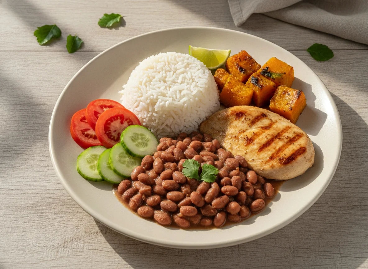 Prato feito brasileiro com frango, abóbora, arroz e feijão photo