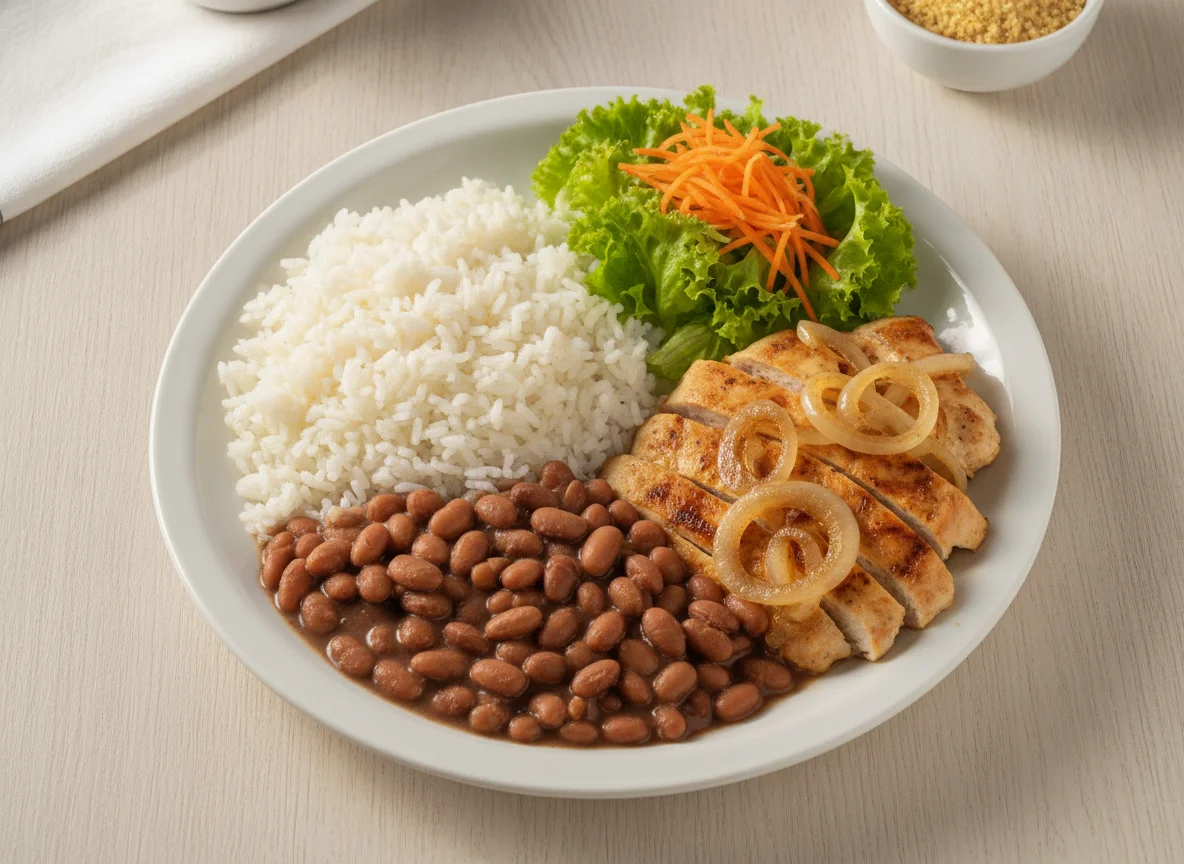 Prato feito brasileiro com frango acebolado, arroz e feijão photo
