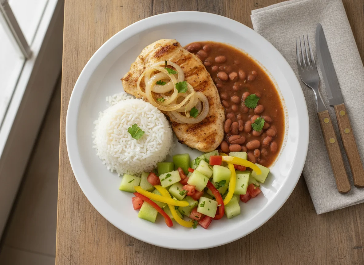 Prato Feito Brasileiro com Frango Acebolado, Arroz, Feijão e Salada photo