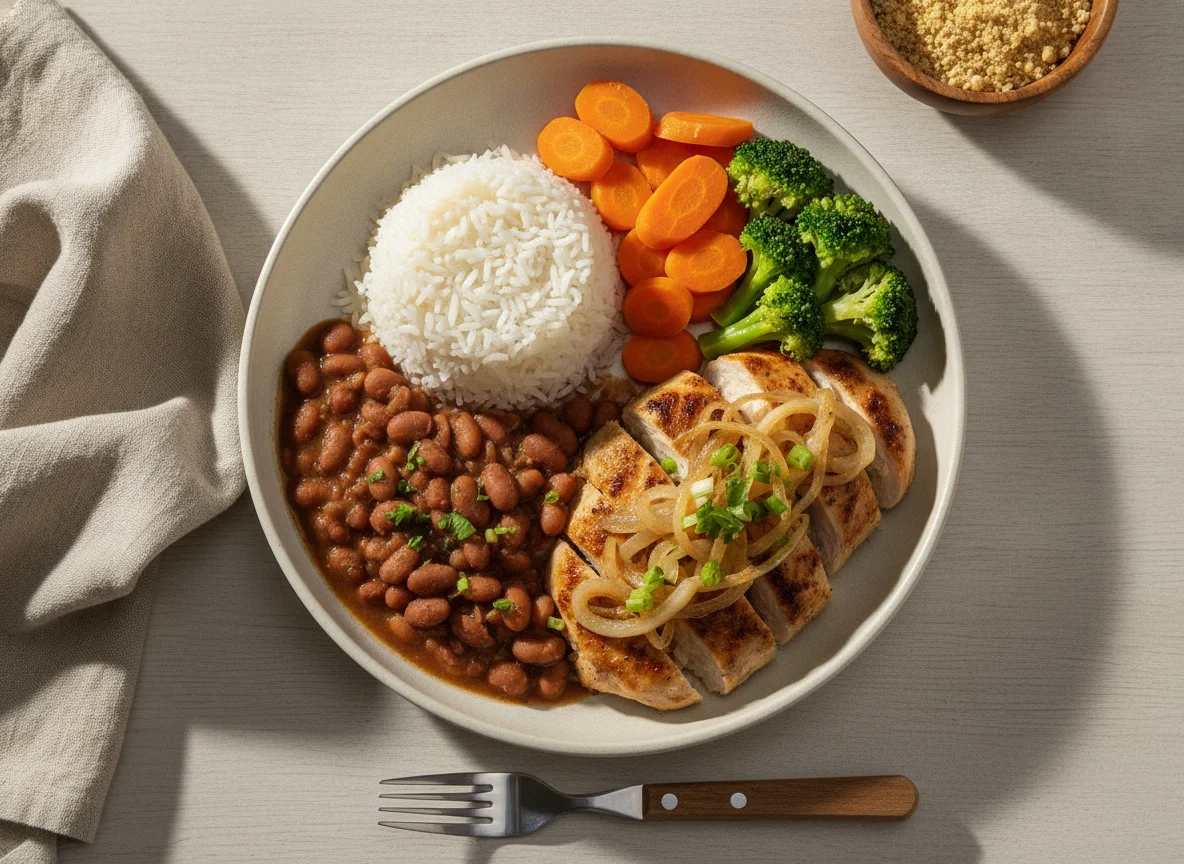 Prato feito brasileiro com frango acebolado, arroz, feijão e legumes photo