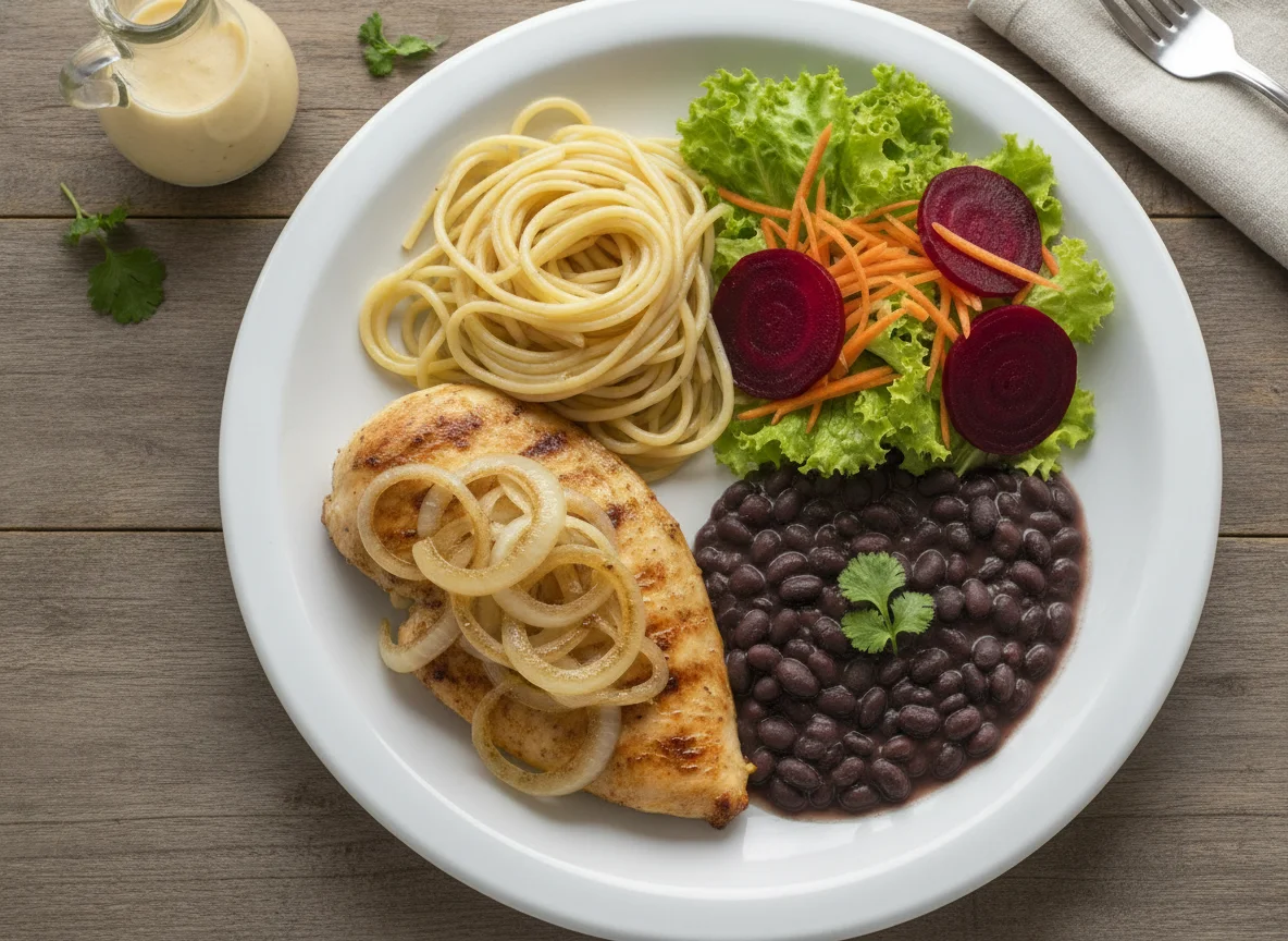 Prato feito brasileiro com frango acebolado, macarrão, feijão e salada photo