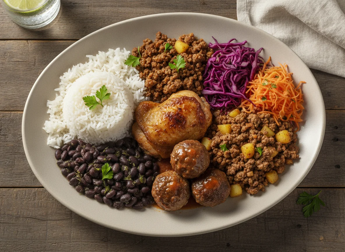 Prato Feito Brasileiro com Frango, Almôndegas e Carne Moída photo