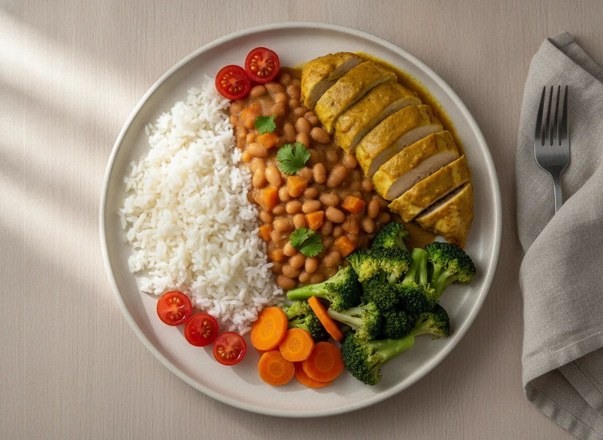 Prato Feito Brasileiro com Frango ao Curry, Arroz, Feijão e Brócolis photo
