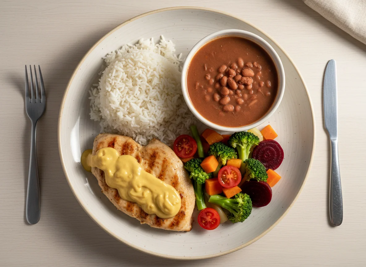 Prato feito brasileiro com frango ao molho photo