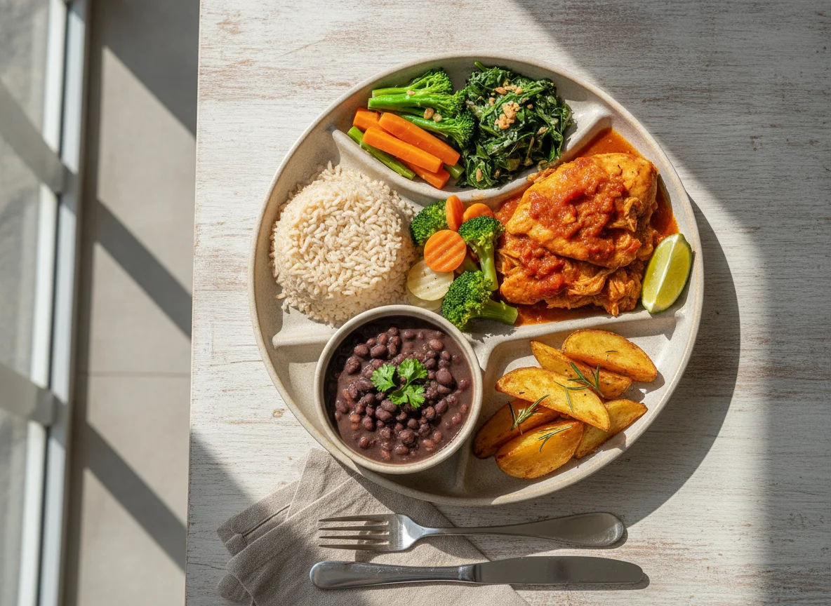 Prato Feito Brasileiro com Frango ao Molho, Feijão Preto e Legumes photo