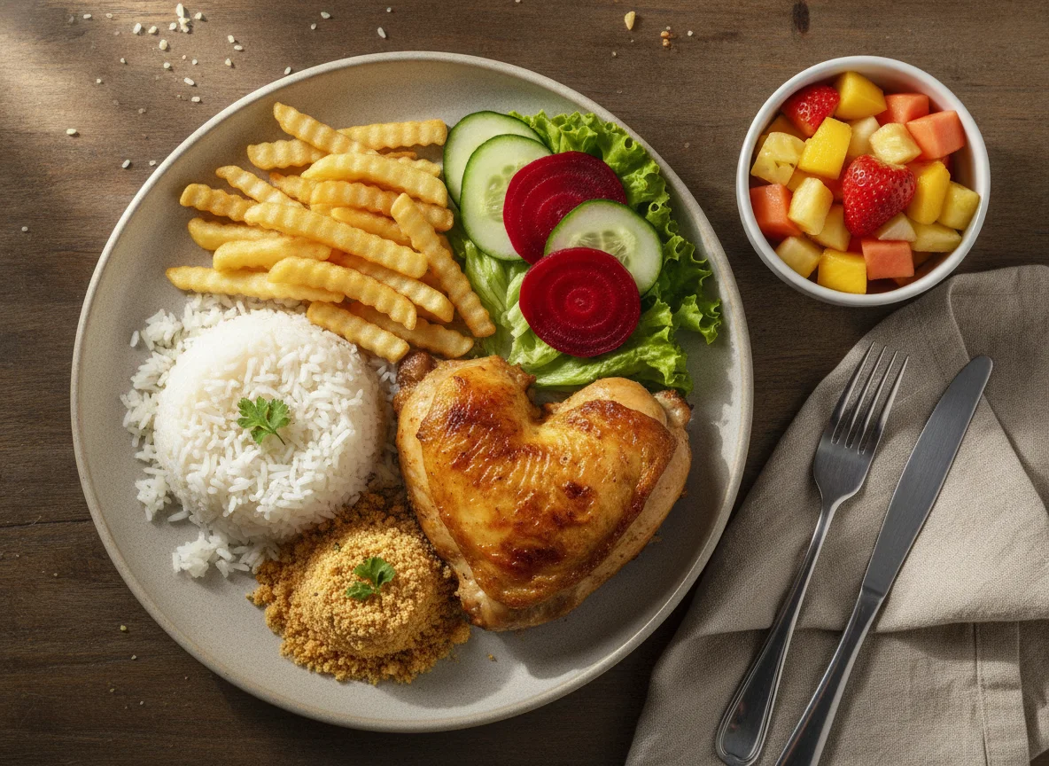 Prato Feito Brasileiro com Frango, Arroz, Batata Frita e Salada photo