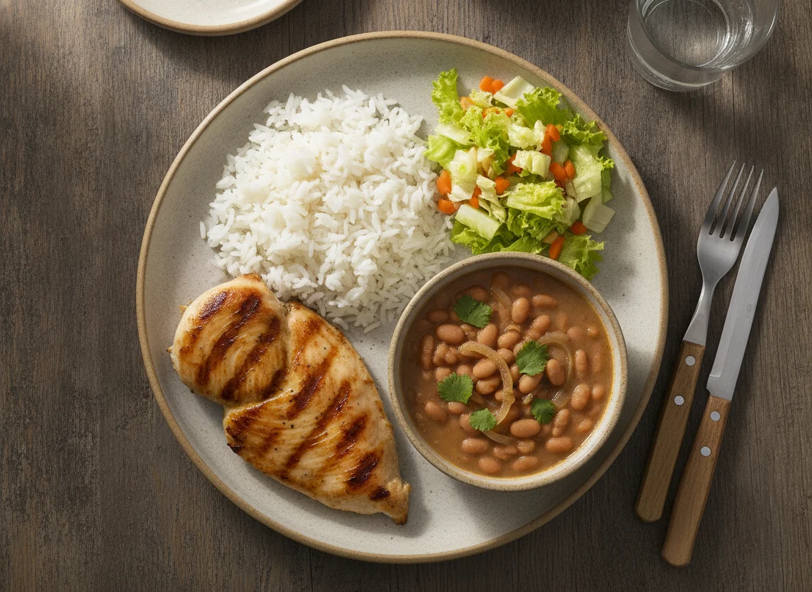 Prato feito brasileiro com frango, arroz e feijão photo