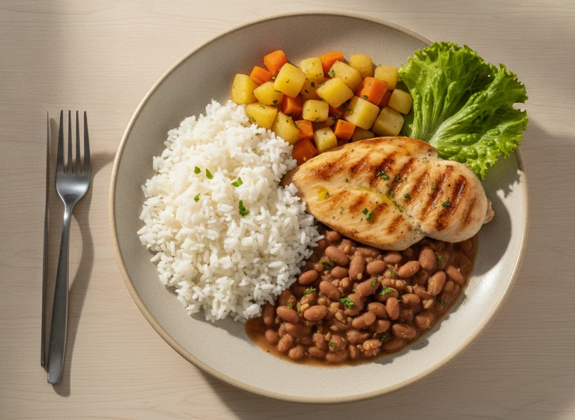 Prato feito brasileiro com frango, arroz e legumes photo