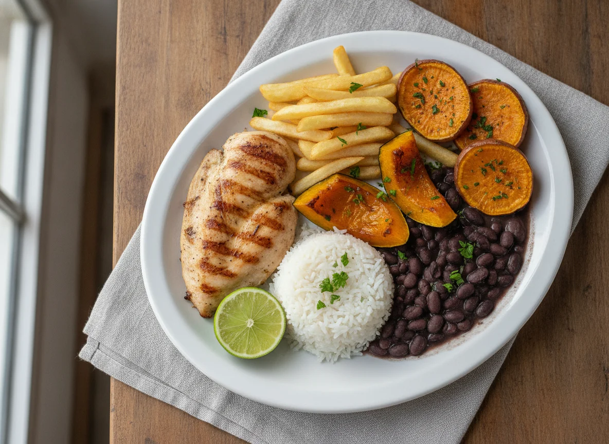Prato Feito Brasileiro com Frango, Arroz, Feijão, Abóbora e Batatas photo