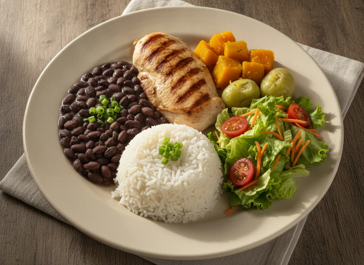 Prato feito brasileiro com frango, arroz, feijão, abóbora, jiló e salada photo
