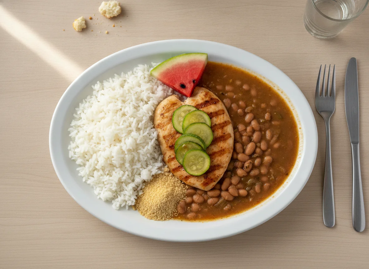 Prato feito brasileiro com frango, arroz, feijão, abobrinha e melancia photo