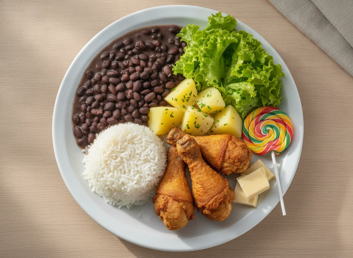 Prato feito brasileiro com frango, arroz, feijão, batata, salada e doces photo