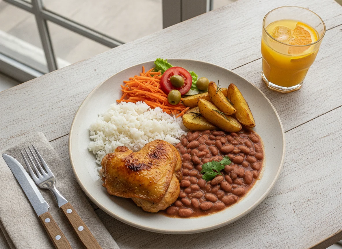 Prato Feito Brasileiro com Frango, Arroz, Feijão, Batata e Salada photo