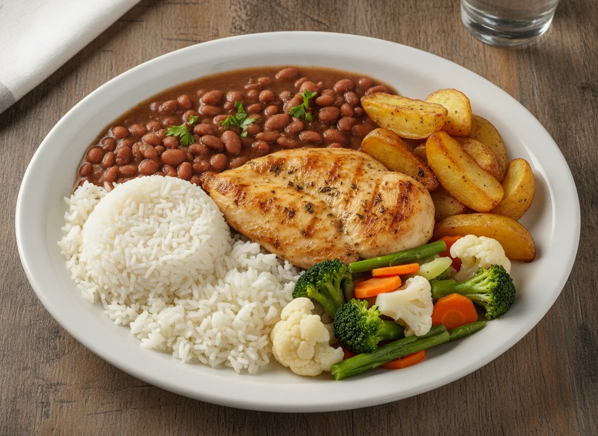 Prato feito brasileiro com frango, arroz, feijão, batatas e legumes photo