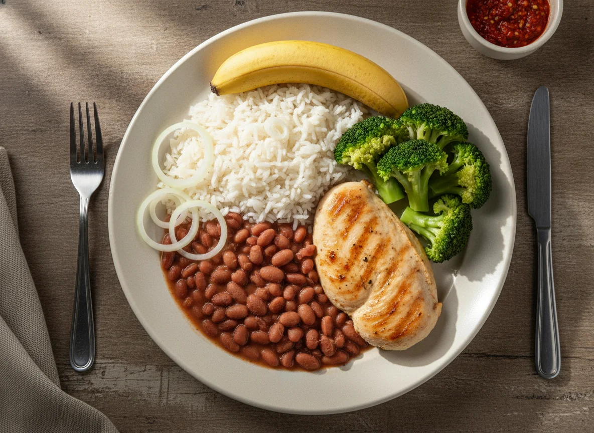 Prato feito brasileiro com frango, arroz, feijão, brócolis e banana photo